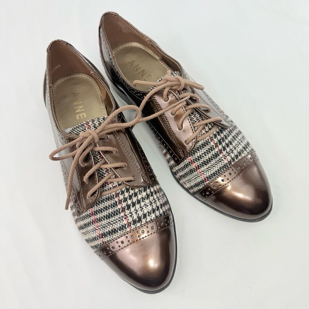 Anne Klein LOUISA Brown Metallic Patent Leather Tweed Lace Up Oxford Shoes